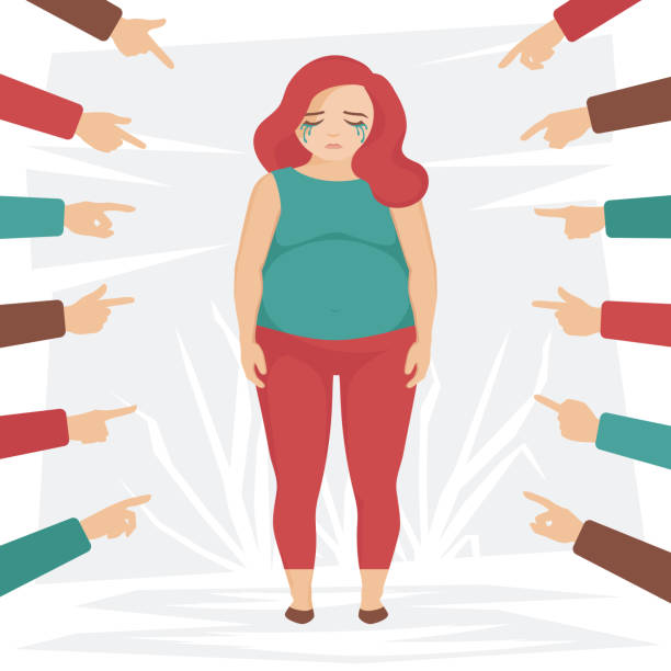Concept of discrimination and bullying towards fat girl, with obese woman pointed out and rejected. Fat shaming or body shaming Public blame with pointing fingers on crying girl in shame. Depressed child reading haters comments. Sad teenager suffering from Body shaming. Cartoon vector illustration. obesity stock illustrations