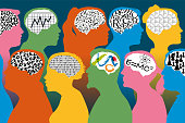 istock Concept of diversity of skills with silhouettes of characters with different brains. 1330731514
