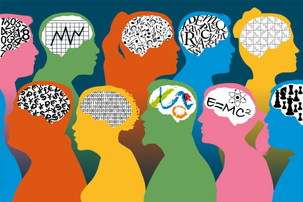 Concept of diversity of skills with silhouettes of characters with different brains. Concept of the diversity of talents and know-how, with profiles of male and female characters associated with different brains. e=mc2 stock illustrations