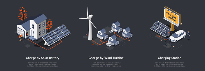 Concept Of Eco City. People Use Alternative Energy Sources. Friendly Renewable Energy Saving. Solar Panels, Windmill Turbines For Home Produce Energy And Charge Cars. Isometric 3D Vector Illustration