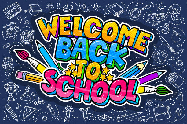 Concept of education. School background with hand drawn school supplies and comic speech bubble Concept of education. School background with hand drawn school supplies and comic speech bubble with Welcome Back to School lettering in pop art style on blue blackboard. back to school stock illustrations