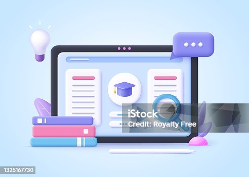 istock Concept of e-learning, online education at home.  3d realistic vector illustration. 1325167730