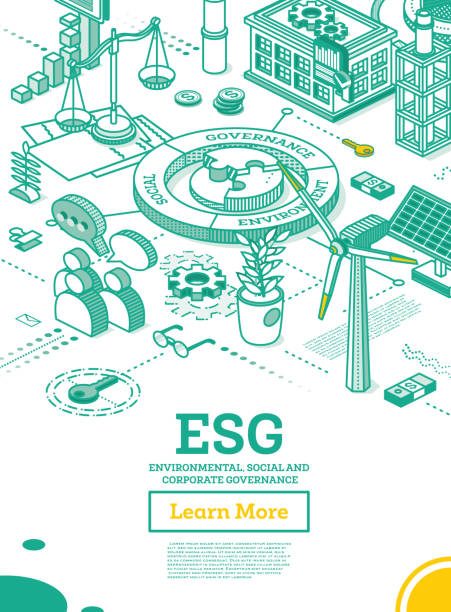 ESG Concept of Environmental, Social and Governance. ESG Concept of Environmental, Social and Governance. Vector Illustration. Sustainable Development. Isometric Outline Concept. Green Color. Alternative Energy. Talking People. esg stock illustrations