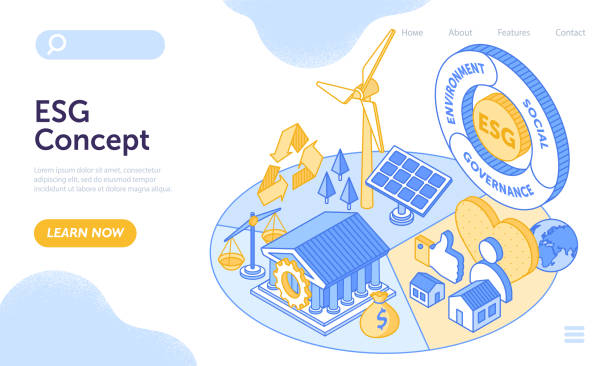 ESG concept of environmental, social and governance ESG concept of environmental, social and governance. Modern sustainable development. Concept of alternative energy. Website, web page, landing page template. Isometric cartoon vector illustration esg stock illustrations