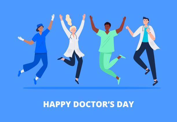 Concept of happy doctor's day. Multicultural group of people jumping with raised hands in various poses. Doctors, surgeons, nurses rejoicing together. Vector flat style. happy doctors day stock illustrations