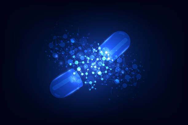 bildbanksillustrationer, clip art samt tecknat material och ikoner med begreppet hälso-och teknik, bild av realistiska transparent piller med abstrakt futuristiska dna inuti - pills