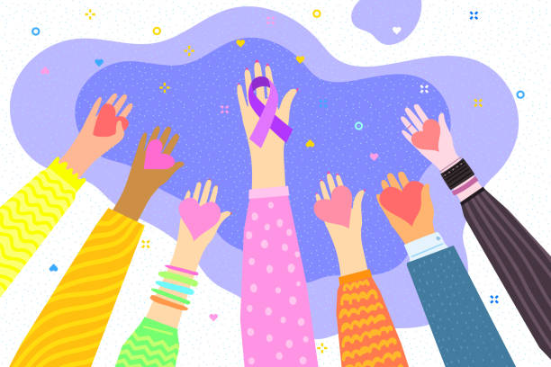 концепция здравоохранения, благотворительности, людей и социальных проблем. руки с фиолетовой фиолетовой лентой осведомленности о домашн� - violence against women stock illustrations