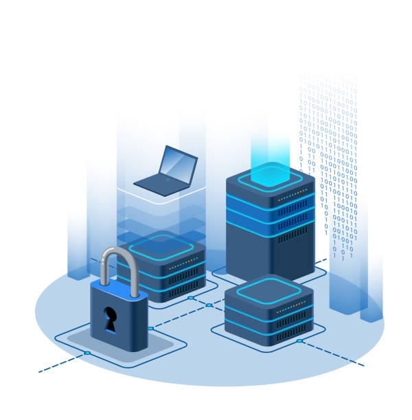 Concept of information protection in isometric style. Protection of information. Big data processing center, cloud database, data mining, energy server. Digital information technologies, machine programming. Vector illustration. artificial intelligence illustrations stock illustrations