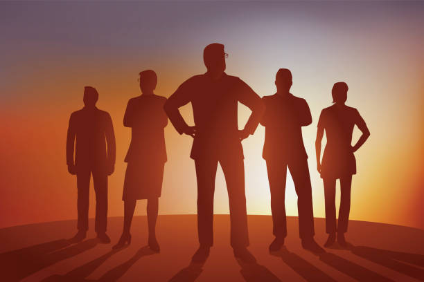 Concept of leadership and corporate strategy with a team of executives. Concept of teamwork and corporate strategy with a group of senior executives uniting their skills for their future project. leadership silhouettes stock illustrations