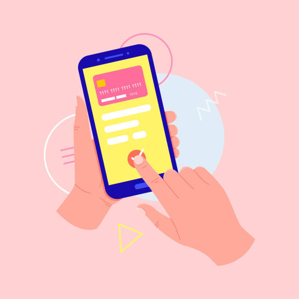 Concept of mobile payments app. Hands holding phone with payment form on the screen, payment by card online. Mobile payments technology concept isolated icon. Payment for goods and services via mobile phone cover stock illustrations
