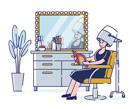 Concept Of Modern Beauty Spa And Hairdresser. Young Woman Dry Hair With Hair Dryer Machine, Reading Fashion Magazine And Having A Good Time. Cartoon Linear Outline Flat Style. Vector Illustration