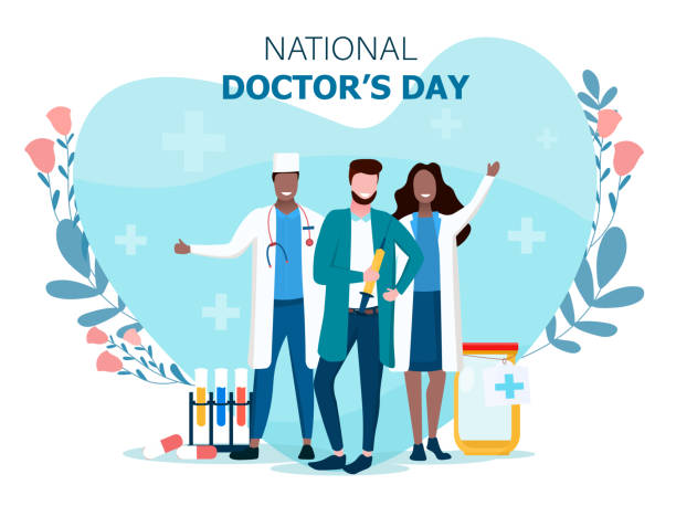 Concept of national doctors day National doctors day concept. Group of diverse doctors in medical coats and masks on heart background. Greeting card, poster, template, layout. Flat cartoon vector illustration happy doctors day stock illustrations