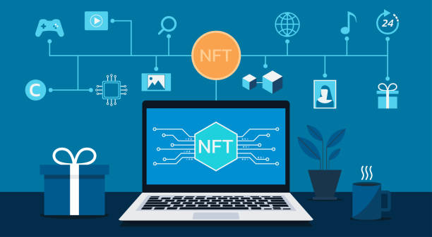nft의 개념, 아이콘과 노트북에 네트워크와 비 풍요롭지 않은 토큰 - 대체 불가 토큰 stock illustrations