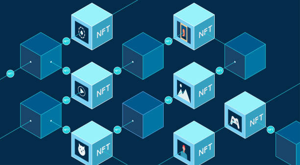 nft의 개념, 어두운 배경에 블록 체인 기술이있는 암호화 예술을위한 비 곰팡이 토큰 디지털 항목 - nft stock illustrations