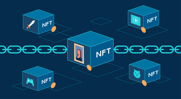 Concept of NFT, non-fungible tokens, Digital items for crypto art with blockchain technology vector art illustration