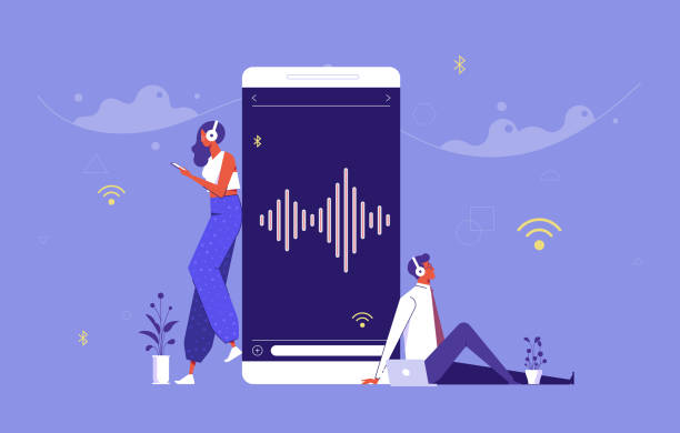 Concept of online music entertainment man and  woman are listening to music on their smartphone, Concept of online music entertainment streaming service stock illustrations