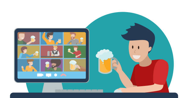 Concept of online party with beer. Teleconference with friends. Oktomberfest at home during quarantine. Young man with glass of foamy cheers with people on computer monitor. Vector flat illustration. Concept of online party with beer. Teleconference with friends. Oktomberfest at home during quarantine. Young man with glass of foamy cheers with people on computer monitor. Vector flat illustration party social event illustrations stock illustrations