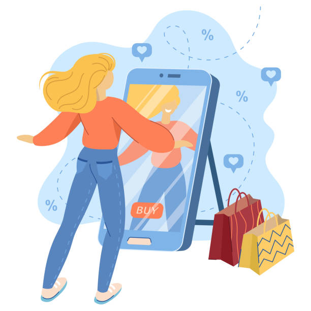 ilustrações de stock, clip art, desenhos animados e ícones de concept of online shopping, online store and online clothing fitting. - changing room