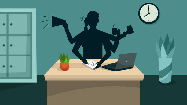 Concept Of Possibility Doing Many Tasks Simultaneously And Time Management. Busy Self Confident Businessman With Many Hands Do His Office Multitasking Job. Cartoon Flat Style. Vector Illustration Concept Of Possibility Doing Many Tasks Simultaneously And Time Management. Busy Self Confident Businessman With Many Hands Do His Office Multitasking Job. Cartoon Flat Style. Vector Illustration. multiple arms stock illustrations