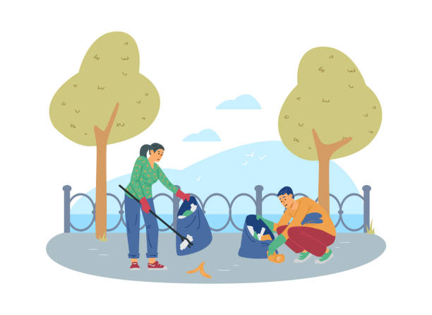 Concept of protect ecology and environment from trash. Concept of protect ecology and environment. People ecologists or volunteers clean up city street, town park or sea front collecting trash in garbage bags. Vector illustration. kitten litter stock illustrations