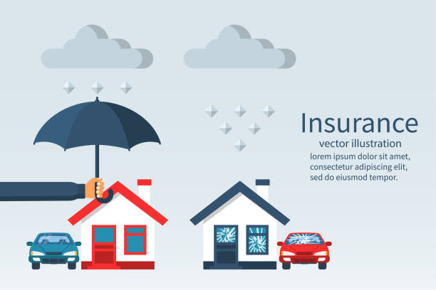Concept of security of property. Concept of security of property. Weather insurance. Agent holding umbrella over house. Ruined house and car with broken windows. Vector illustration flat design. Isolated on white background. home insurance stock illustrations