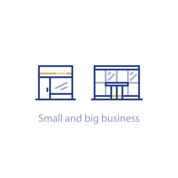 Concept of small and big business comparison, shop and office building Small and big business comparison, shop and office building, vector line icon small business stock illustrations