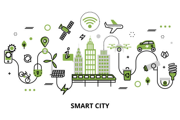 Concept of smart city, technologies of future Modern flat line design, concept of smart city, technologies of future and urban innovations, for graphic and web design smart city stock illustrations