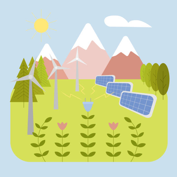 koncepcja zrównoważonego rozwoju. esg, zielona energia, zrównoważony przemysł z wiatrakami i panelami słonecznymi. zarządzanie środowiskowe przedsiębiorstwa. wektor. - esg stock illustrations