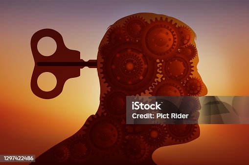 istock Concept of the manipulation of opinion, symbolized by a key that takes control of a brain replaced by gears. 1297422486