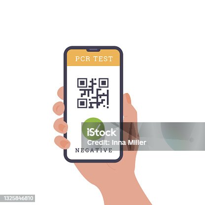 istock Concept of travelling during Coronavirus. Person holding a phone. An app with QR code as proof of pre-travel PCR swab nasal test. Fit to Fly certificate. Vector flat illustration isolated on white. 1325846810