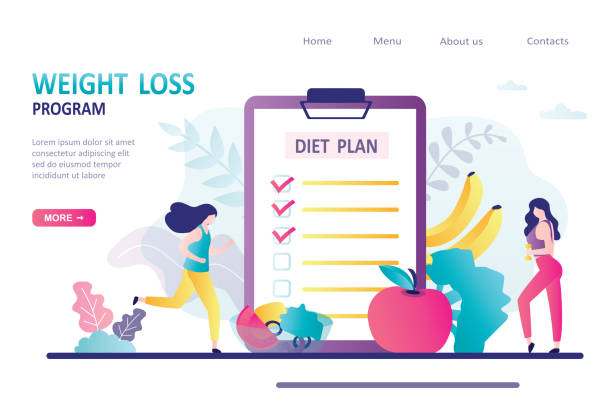 Concept of weight loss program, low-carb diet, healthy meal food. Women go in for sports and eat healthy food. Female characters does fitness Concept of weight loss program, low-carb diet, healthy meal food. Women go in for sports and eat healthy food. Female characters does fitness. Landing page or website template.Flat vector illustration dieting illustrations stock illustrations