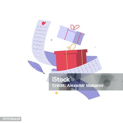 istock Concept of writing wish list. Planning to buy presents with wishlist. Concept of wishlist, dreaming about gift, making wish. Vector illustration in cartoon design 1370784639