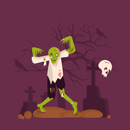 Concept of zombie man on cemetery background.