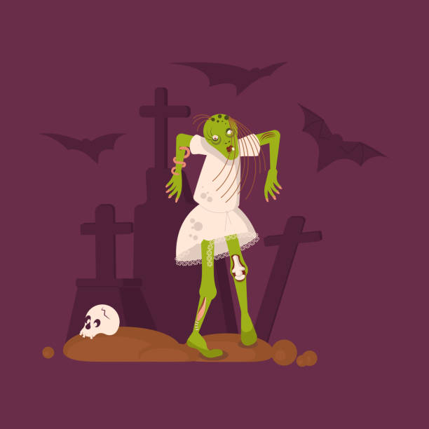 Concept of zombie woman Concept of zombie woman on cemetery background. Halloween Nightmare landscape with dead girl. Panorama of undead monster and gravestone. Flat Art Vector illustration ugly skinny women stock illustrations