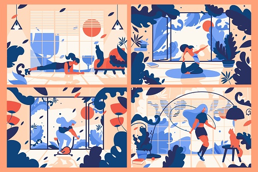 Concept scenes with young woman training at home. Interiors full of leaves and floral elements. Bright flat illustrations for indoor home or garage gym drawn with bright blue and orange colors