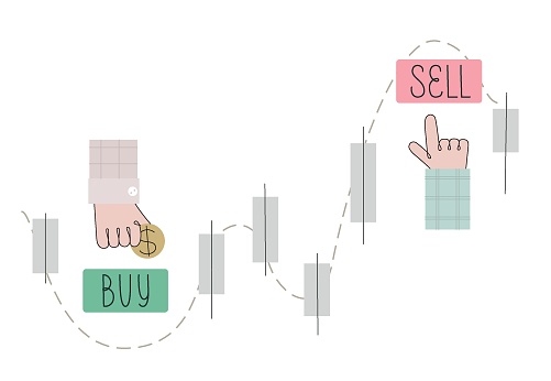 Concept vector illustration buy low sell high. Simple scheme of mean rule for stock market. Trading strategy. Hand indicating