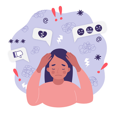 Concept victim of bullying, cyber-harassment, cyberstalking. Portrait of woman with frustration, mental stress, sadness, head pain and negative emotions. Girl covering head with hands because of intimidation on social media. Flat vector illustration.