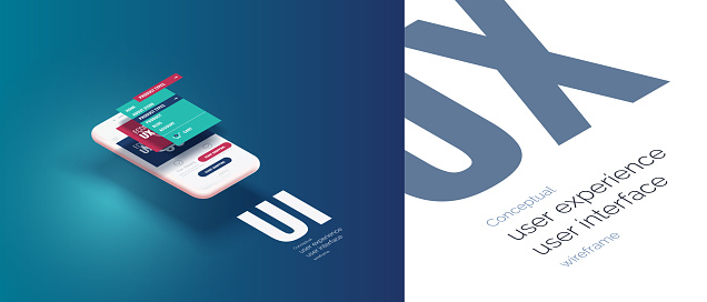 Conceptual banner, booklet, brochure. User experience, user interface. 3d phone with the layout of the web page. Mobile interface with vertically divergent layers of the frame interface. Mobile app