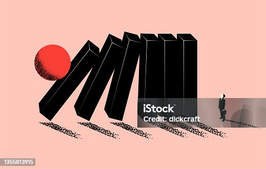 istock Conceptual business illustration of upcoming business problem metaphor with falling domino and businessman silhouette. Minimalistic vector illustration 1355813915