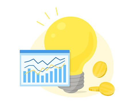 Conceptual design of electricity rates. Vector illustration of money with light bulb and graph chart on white background.