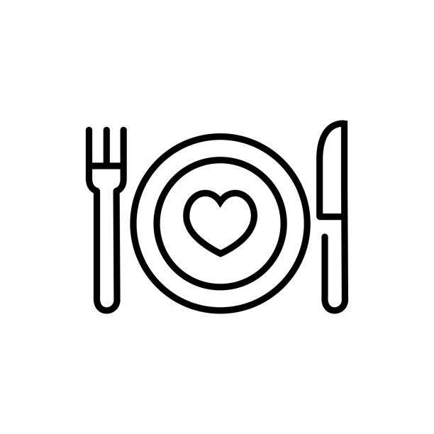 ilustraciones, imágenes clip art, dibujos animados e iconos de stock de icono de comida conceptual saludable. señal de corazón y plato de comedor. concepto comer bien para su símbolo de salud. icono de línea fina sobre fondo blanco. ilustración vectorial. - healthy dinner