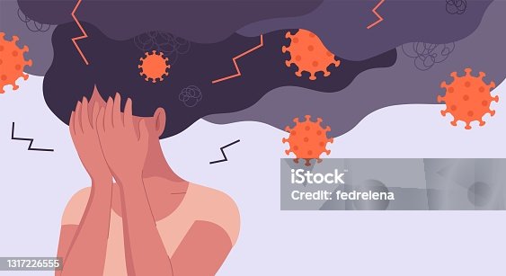 istock Conceptual illustration for psychology, Corona, Covid-19, consequences of pandemic, mental distress, depression, burnout, fear, anger, joblessness and unenployment. Stressed and unhappy girl or woman is under a storm of negative emotions with lightning. 1317226555