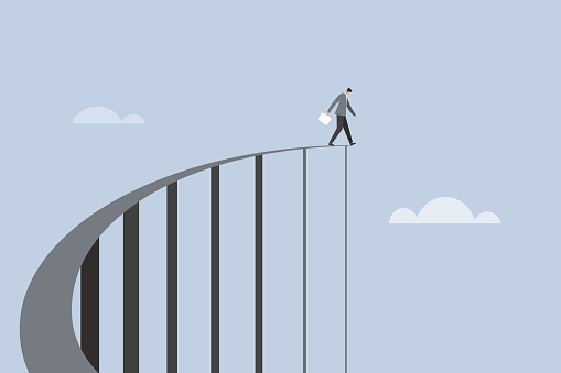 Conceptual illustration of a business executive standing at the edge of an elevated bridge