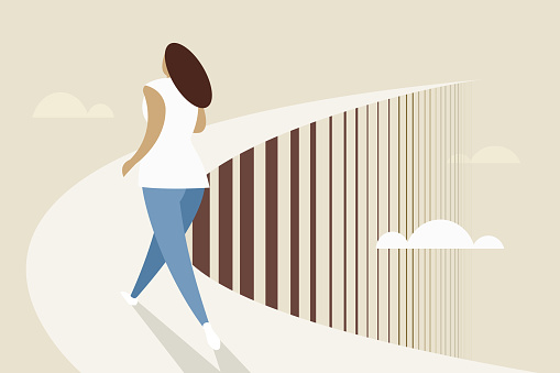 Conceptual illustration of a woman walking on an elevated bridge that goes up endlessly