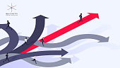 3d Businessman Run Ahead Of The Team Over Red Arrow. He Chose Right Path. Conceptual Isometric Better Choice Vector Illustration.
