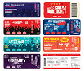 Concert, cinema, airline and football ticket templates. Collection of tickets mock up for entrance to different events. Creative tickets isolated on white background. Vector