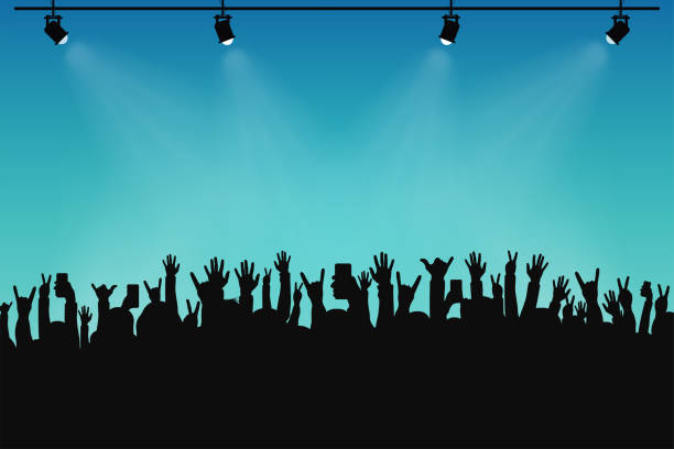 Concert crowd, people silhouettes. Hands with different gestures and smartphones in raised hands. Spotlights on stage Concert crowd, people silhouettes. Hands with different gestures and smartphones in raised hands. Spotlights on stage. Concert event, poster and ticket template. Vector music silhouettes stock illustrations