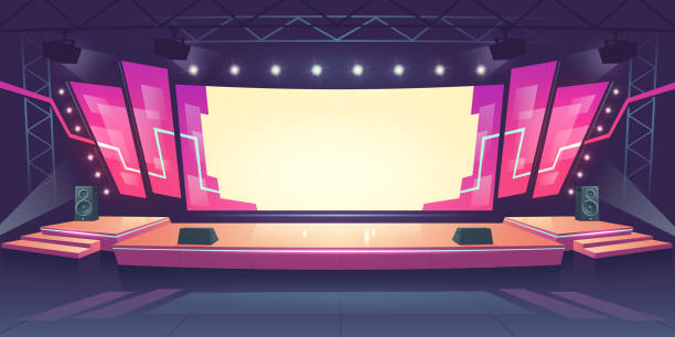 Concert stage with screen and spotlights Concert stage with screen illuminated by spotlights. Vector cartoon illustration of empty scene for rock festival, show, performance or presentation. Podium stage with truss, music and light equipment concert stock illustrations