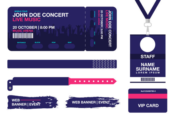 Concert ticket, bracelets, lanyards, identification card for access control to event. Festival wristband, web banners for event advertising Concert ticket, bracelets, lanyards, identification card for access control to event. Festival wristband, web banners for event advertising. Vector wristband stock illustrations