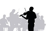 A vector silhouette illustration of a young male violinsit wearing glasses and standing in front of an orchestra and conductor.